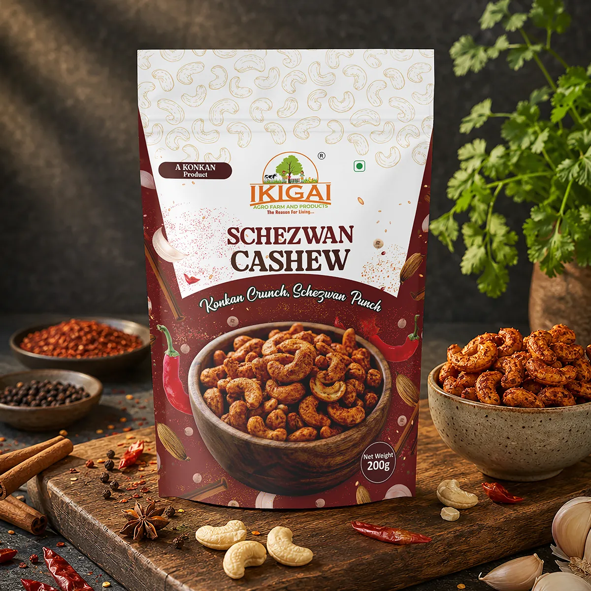IKIGAI Schezwan Cashew Packaging Design
