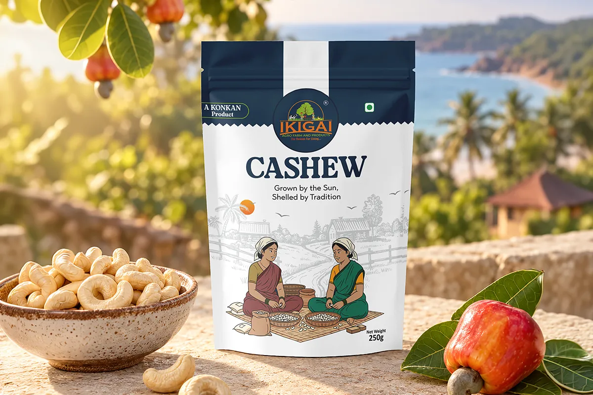 IKIGAI Cashew Packaging with Konkan Coastal Background