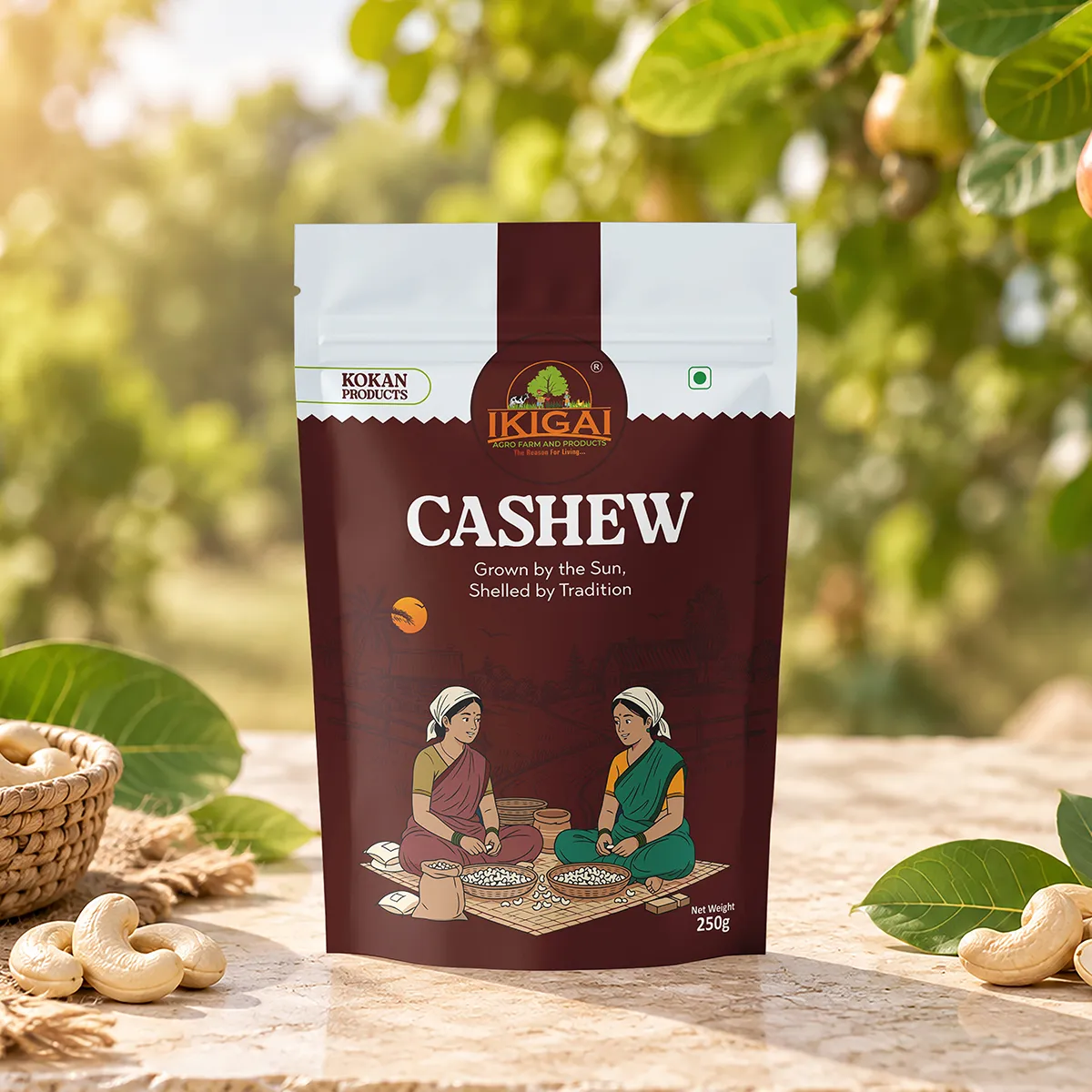 IKIGAI Cashew Packaging with Natural Cashew Farm Background